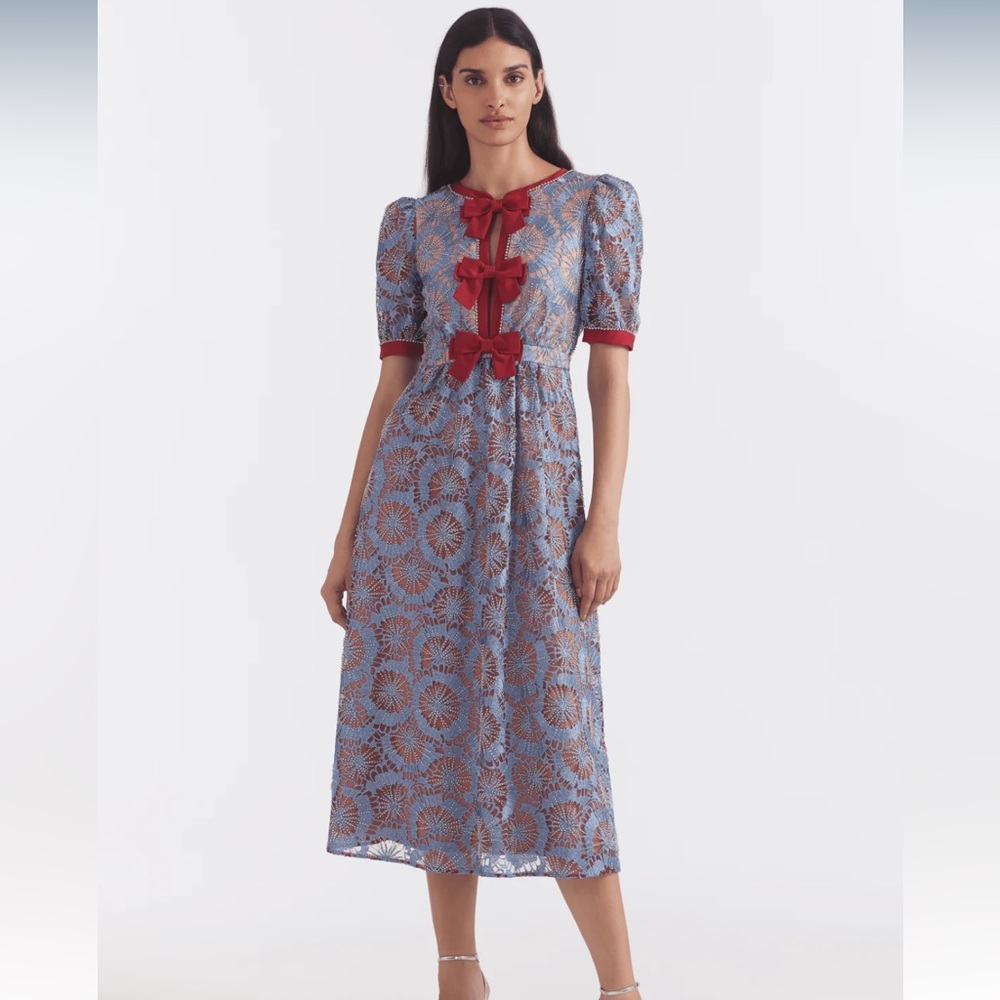 Saloni Jamie C Embellishment bows dress in blue carmine size 14 UK
